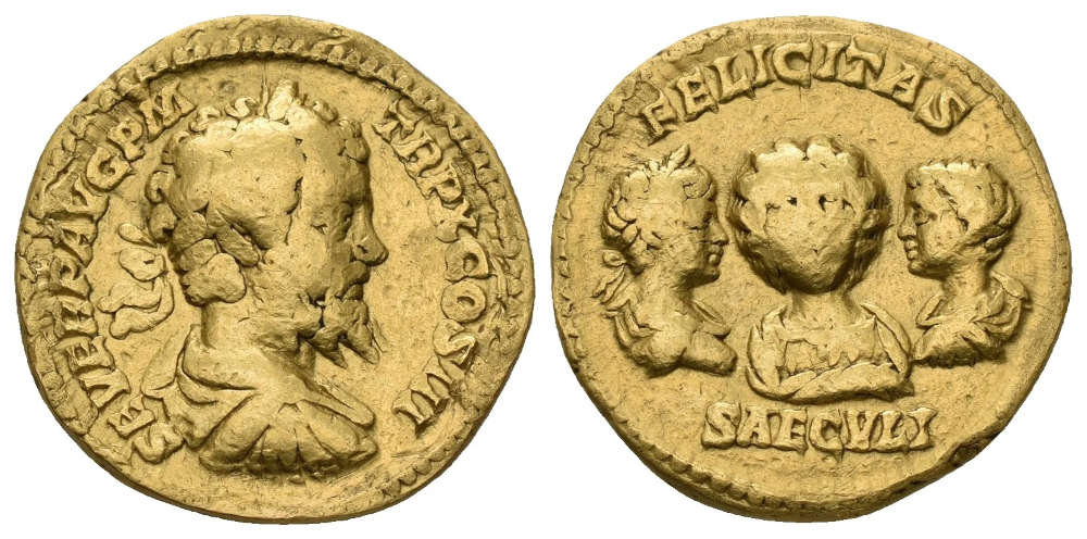 Lot 1128: Römische Kaiserzeit. Septimius Severus (193-211). Aureus, 202, Rom. Felder und Rand bearbeitet. Schön-sehr schön. Taxe: 1.000 EUR.