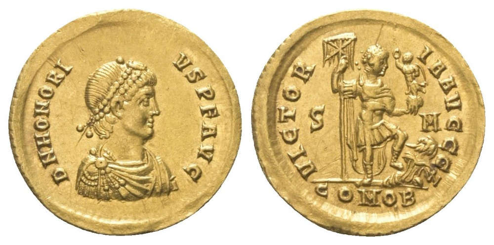Lot 1175: Solidus of Honorius, 393 – 395 A.D., Sirmium. Starting price: 800 EUR.