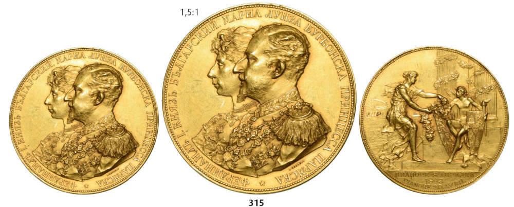 Ferdinand I.: Goldmedaille von A. Scharff, auf seine Hochzeit mit Marie Louise von Bourbon-Parma 1893. Vorzüglich, RR. Aus Auktion La Galerie Numismatique 25 (2015), Los 315.