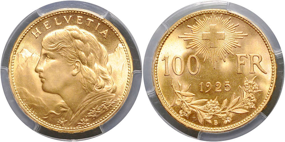 Los 1595: Schweiz. 100 Franken 1925 B. Prachtexemplar, PCGS MS-66. Schätzpreis: 25.000 EUR. Zuschlag: 28.000 EUR.