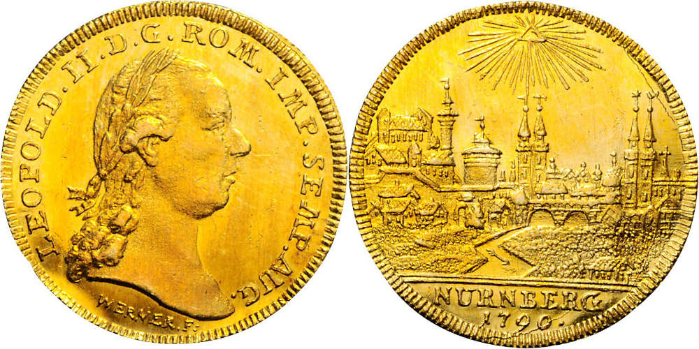 Los 2429: Stadt Nürnberg. Dukat, 1790 von Werner. Vorzüglich. Schätzpreis: 3.000 EUR. Zuschlag: 6.400 EUR.
