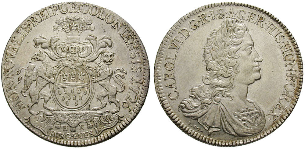 Nr. 95972: Altdeutschland. Stadt Köln. Karl VI. (1711-1740). Reichstaler, 1726. Vorzüglich. Verkaufspreis: 6.750 EUR.