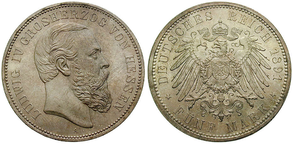 Nr. 92354: Deutsches Kaiserreich. Hessen. Ludwig IV. (1877-1892). 5 Mark 1891, A. Prachtexemplar mit schöner Patina. NGC MS65. Fast stempelglanz. Verkaufspreis: 6.250 EUR.
