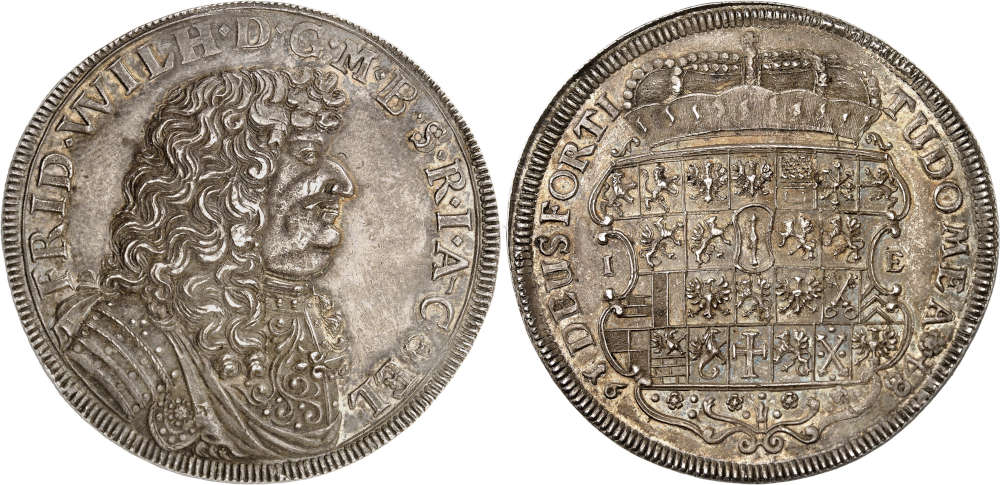 Nr. 82: Brandenburg-Preußen. Friedrich Wilhelm, der Große Kurfürst, 1640-1688. Reichstaler 1684 IE, Magdeburg. Sehr selten. Fast Stempelglanz. Taxe: 40.000 Euro.