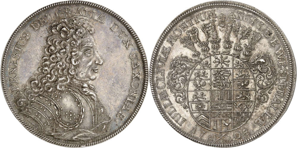 Nr. 241: Sachsen-Hildburghausen. Ernst, 1680-1715. Reichstaler 1708, Münzstätte vermutlich Coburg. Wohl das 2. bekannte Exemplar. Vorzüglich. Taxe: 35.000 Euro.