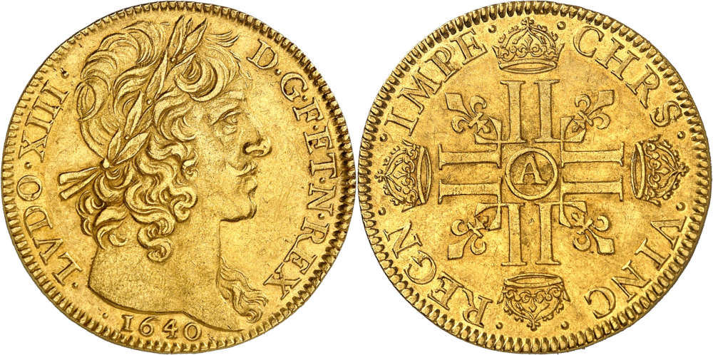 Nr. 460: Frankreich. Louis XIII., 1610-1643. Double louis d’or 1640, Paris. Sehr selten. Vorzüglich. Taxe: 40.000 Euro.