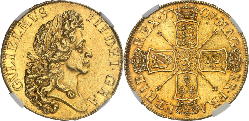 Nr. 494: Großbritannien. William III., 1694-1702. 5 Guineas 1701, London. Selten. NGC MS61. Vorzüglich bis Stempelglanz. Taxe: 60.000 Euro.