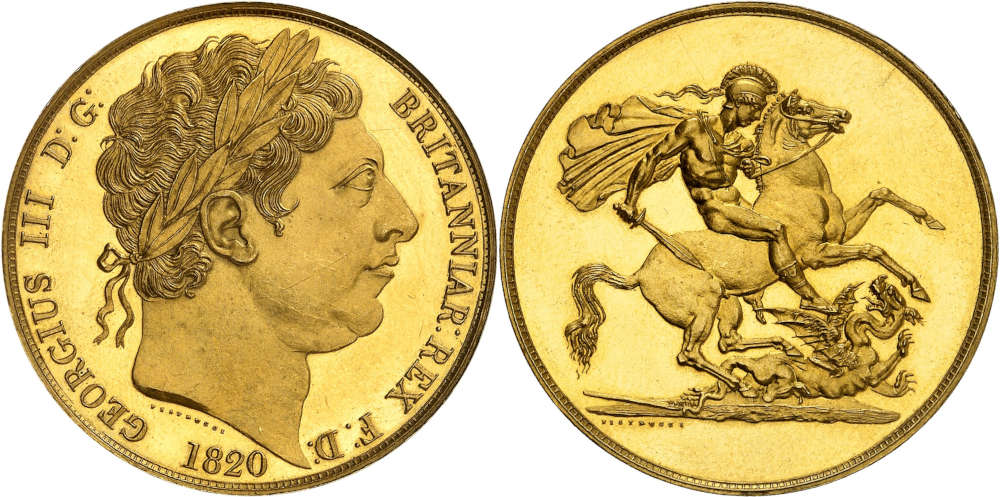 Nr. 497: Großbritannien. George III., 1760-1820. Pattern 5 Pounds 1820, London. Probe mit glattem Rand. NGC PF64*CAMEO (Top Pop). Nur zwei Exemplare bekannt. Polierte Platte (Proof). Taxe: 150.000 Euro.