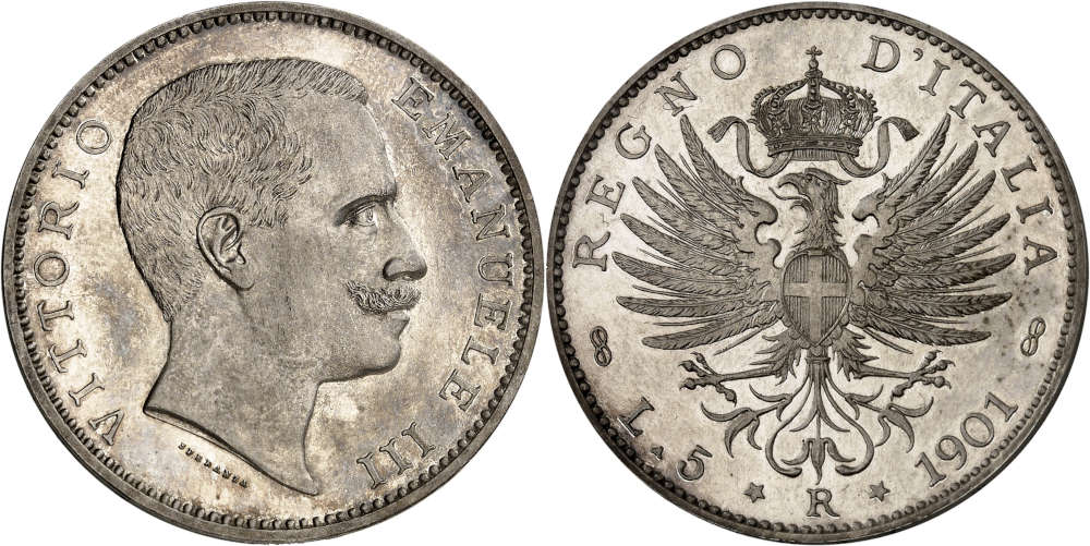 Nr. 553: Königreich Italien. Victor Emanuel III., 1900-1946. 5 Lire 1901, Rom. Sehr selten. Fast Stempelglanz. Taxe: 50.000 Euro.