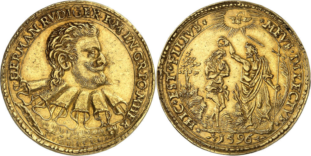 Nr. 584: Polen. Sigismund III., 1587-1632. Goldmedaille zu 5 Dukaten 1596, vermutlich Posen. NGC AU58 (Top Pop). Äußerst selten. Fast vorzüglich. Taxe: 100.000 Euro.