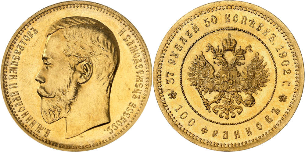 Nr. 642: Russland. Nikolaus II., 1894-1917. 37 1/2 Rubel (100 Franken) 1902, St. Petersburg. Nur 225 Exemplare geprägt. Erstabschlag, fast Stempelglanz. Taxe: 150.000 Euro.