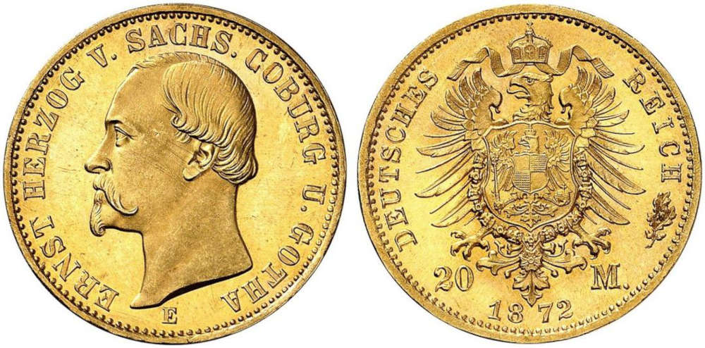 Deutsches Reich. Herzogtum Sachsen-Coburg und Gotha. Ernst II. 20 Mark E 1872. Die seltenste Reichsgoldmünze. Stempelglanz. Aus Auktion Grün 74 (2018), Los 2306.