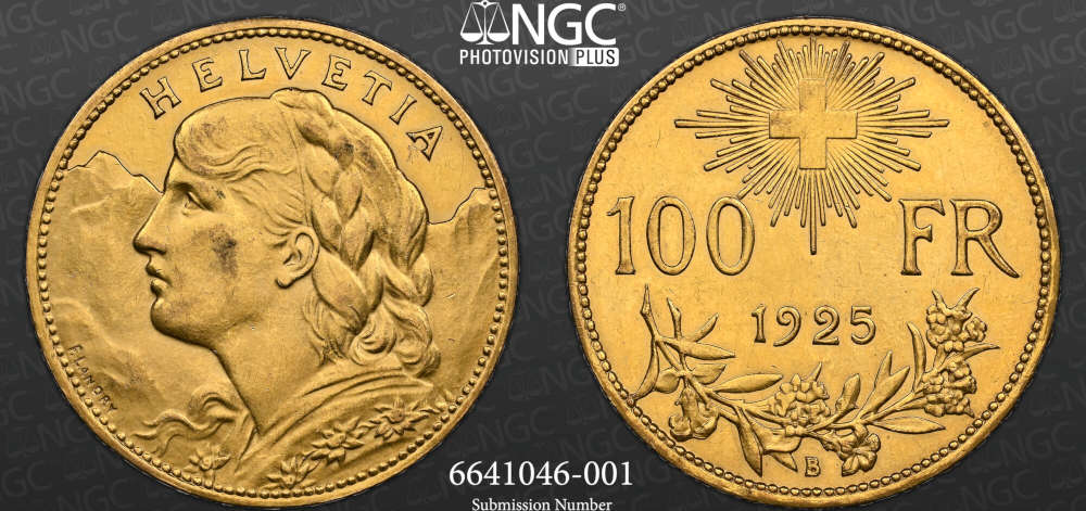 Schweiz. 100 Franken, 1925 B. Vreneli NGC AU 58. SVcollector. 15.000 EUR.
