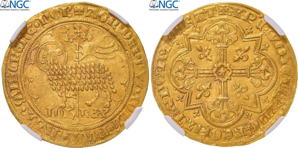 Frankreich, Königreich. Johann II. (1350-1364). Mouton d’or, 1355. Pontivy’s Hoard. NGC VZ. Comptoir des Monnaies. 6.840 EUR.