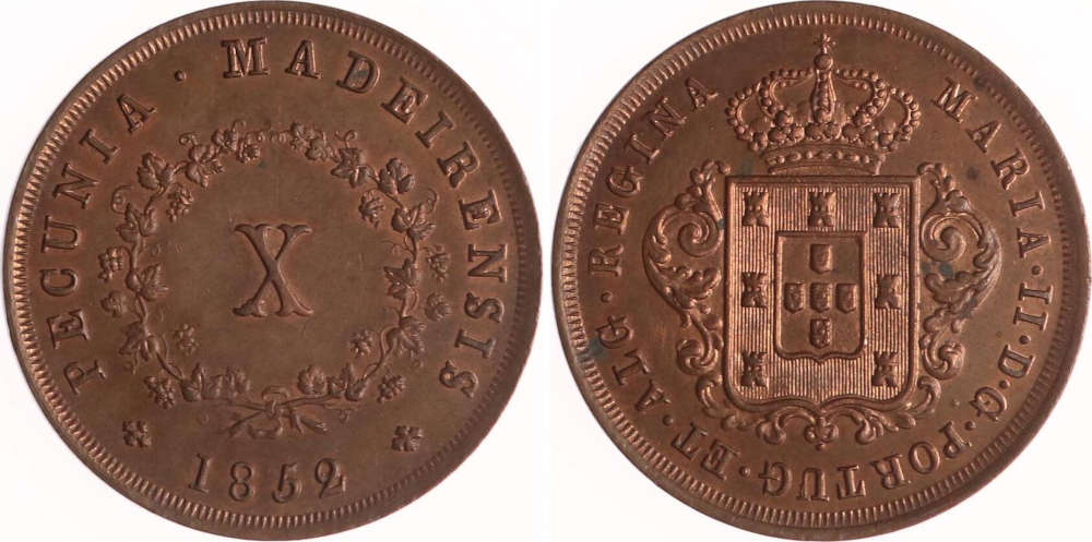 Portugal. Maria II. (1834-1853). 10 Reis, 1852. Stempelglanz. Bühnemann Nachfolger. Verkaufspreis: 1.950 EUR.