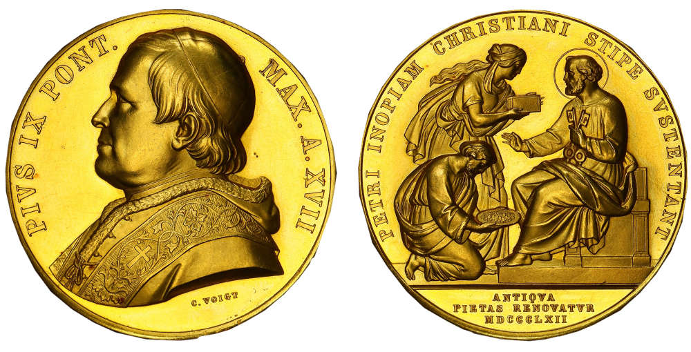 ID NUEOD: Papal States. Pius IX, 1846-1878. Large Gold Medal of 15 Ducats AN XVII (1862); 51.12 g. by C. Voigt. For the reintroduction of the “Peterspfennig”. Extremely rare in gold. PCGS graded SP 63. TOP POP.
