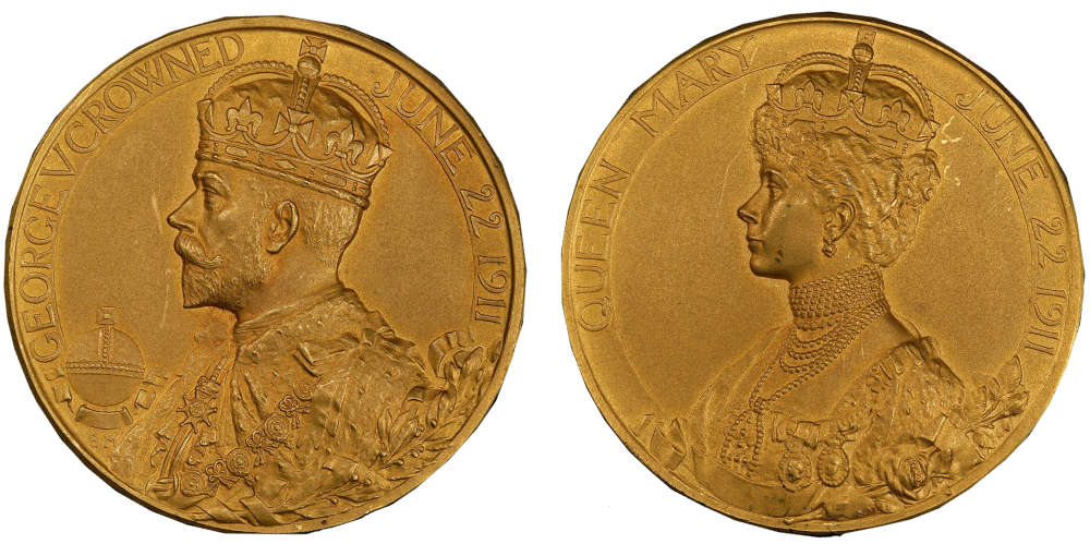 ID YGE92: Great Britain. George V, 1916-1936. Official large Gold Coronation Medal, 1911; 78.72 g.; by B. Mackennel. PCGS graded SP 63.