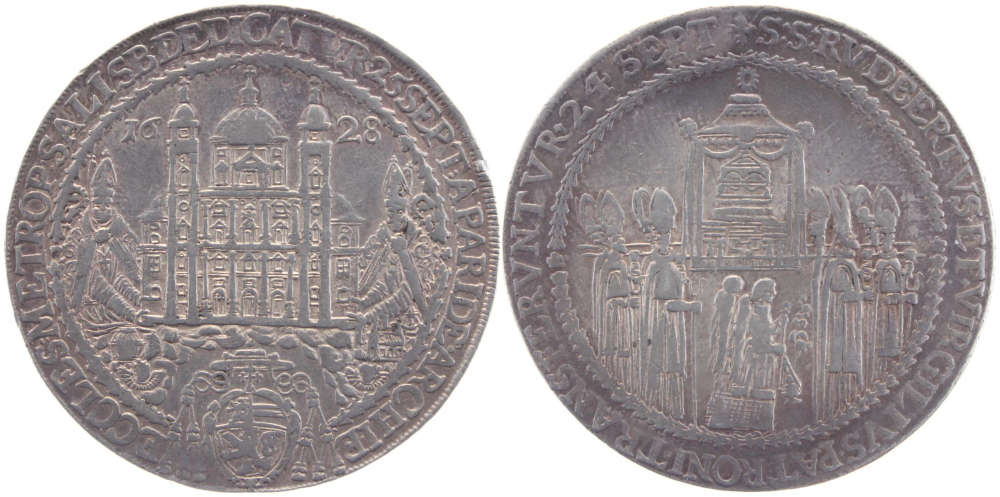 Nr. 800: Österreich. Hoch- und Erzstift Salzburg. Dicker Doppel-Taler, 1628, auf die Dom-Weihe. Sehr schön. Preis: 4975 EUR.