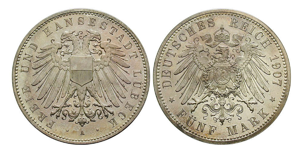 Nr. 92570: Deutsches Kaiserreich. Lübeck. 5 Mark, 1907, A. Prachtexemplar mit leichter Patina. Polierte Platte. Verkaufspreis: 3.000 EUR.