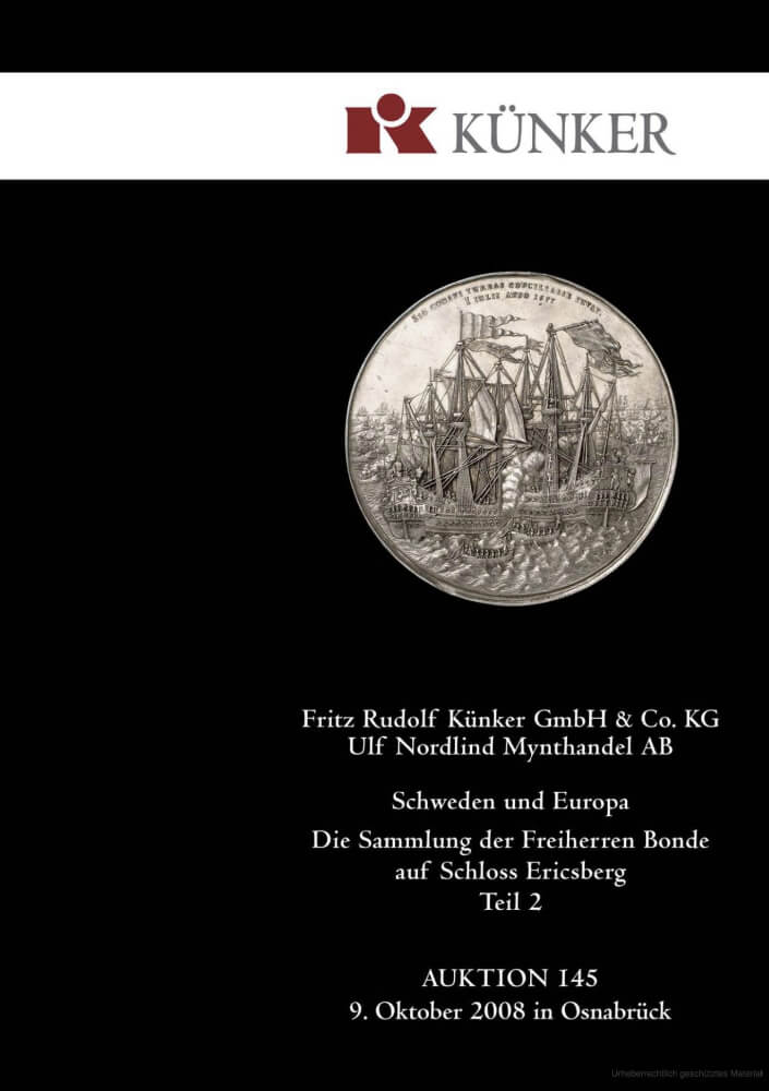 Titelblatt der Sammlung der Freiherren Bonde auf Schloss Ericsberg Teil 2, gemeinsam versteigert von Künker und Ulf Nordlind Mynthandel AG in Osnabrück am 9. Oktober 2008.