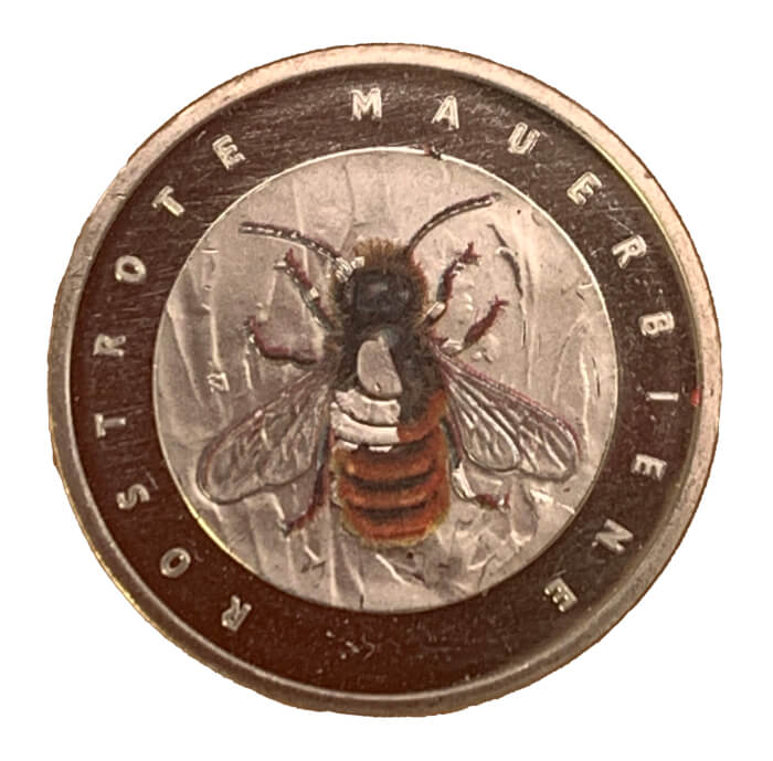 Auf einem Exemplar der 5-Euro-Sammlermünze „Rostrote Mauerbiene“, die der Redaktion der MünzenWoche vorliegt, hat sich ein Teil der Farbapplikation gelöst – anscheinend ein häufig zu beobachtendes Phänomen. Foto: Sebastian Wieschowski.