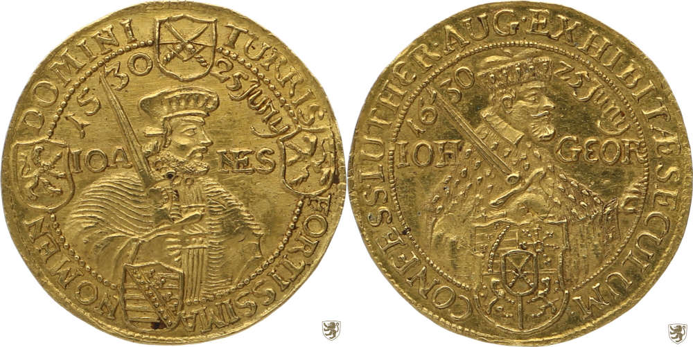 Altdeutschland. Sachen, Albertinische Linie. Johann Georg I. (1615-1656). Dukat, 1630. 100 Jahre Augsburger Konfession. Vorzüglich+. Hornung. 2.750 EUR.