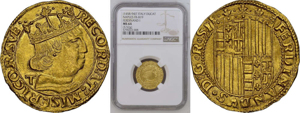 Italien. Neapel. Ferdinand I. (1458-1494). Dukat. NGC MS64. Minshull Trading. Verkaufspreis: 14.385 EUR.