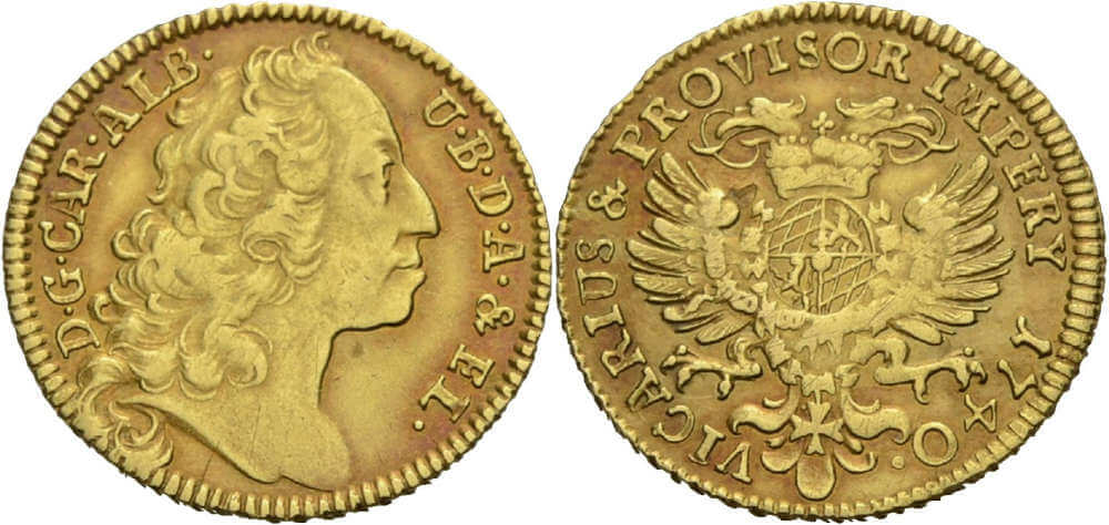 Los 504: Bayern. Karl Albert (1726-1745). Goldgulden 1740 auf das Vikariat. Die 0 der 1740 berührt die Schwanzfeder. Gutes sehr schön. Schätzpreis: 1.000 EUR.
