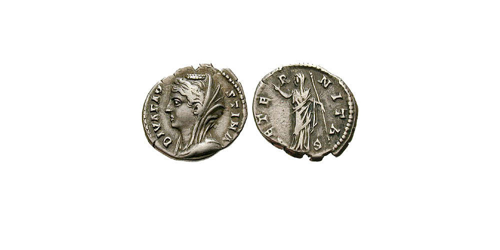 Nr. 96572: Römische Kaiserzeit. Faustina I., Frau des Antoninus Pius, Denar nach 141, Rom, ss-vz/ss, sehr seltene Variante mit Linksportrait. Verkaufspreis: 850 EUR.