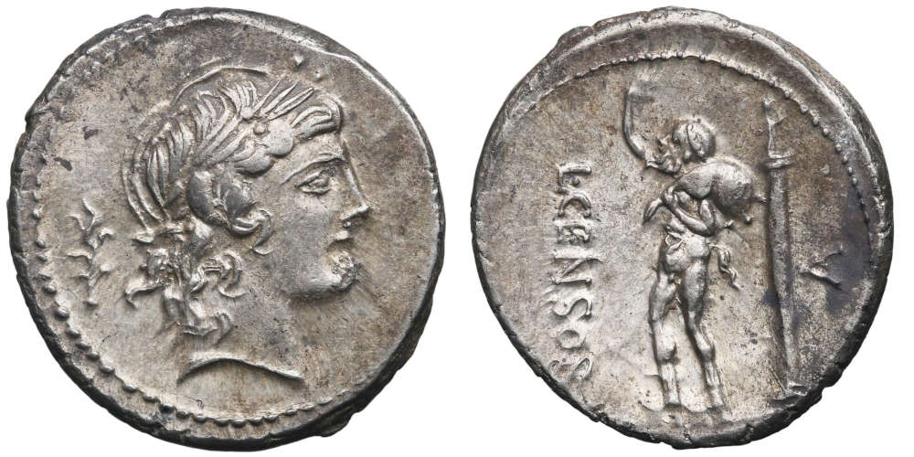 Einzelne Denare zeigen den Kopf des römischen Gottes Apollo. L. Censorinus. Denar, 82 v. Chr., Rom. Foto: Alberto Cecio.