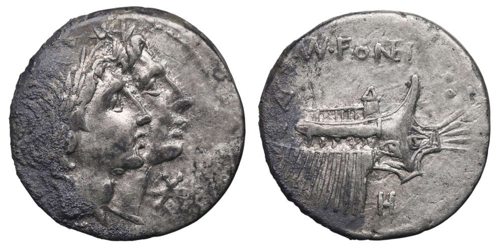 Eine der älteren Münzen zeigt eine römische Galeere. Mn. Fonteius. Denar, 108-107 v. Chr., Rom. Foto: Alberto Cecio.