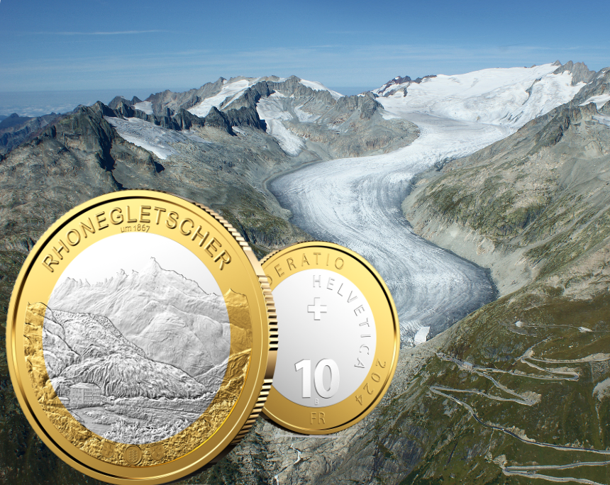 Die neue Sondermünzen würdigen den Rhonegletscher im Kantons Wallis.