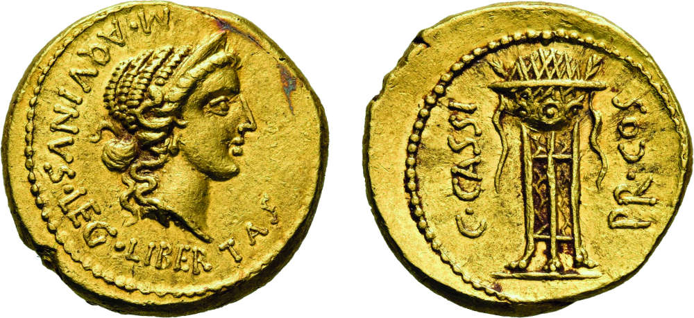 Los 1236: Römische Republik. Bürgerkriege. Cassius. Aureus. 43/32 v. Chr. Taxe: 30.000 EUR.