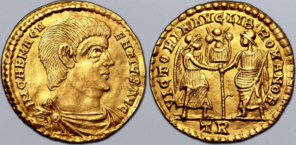 Römische Kaiserzeit. Magnentius (350-353). Solidus, 250, Trier. Sehr selten. Fast vorzüglich. Paul-Francis Jacquier. 4.850 EUR.