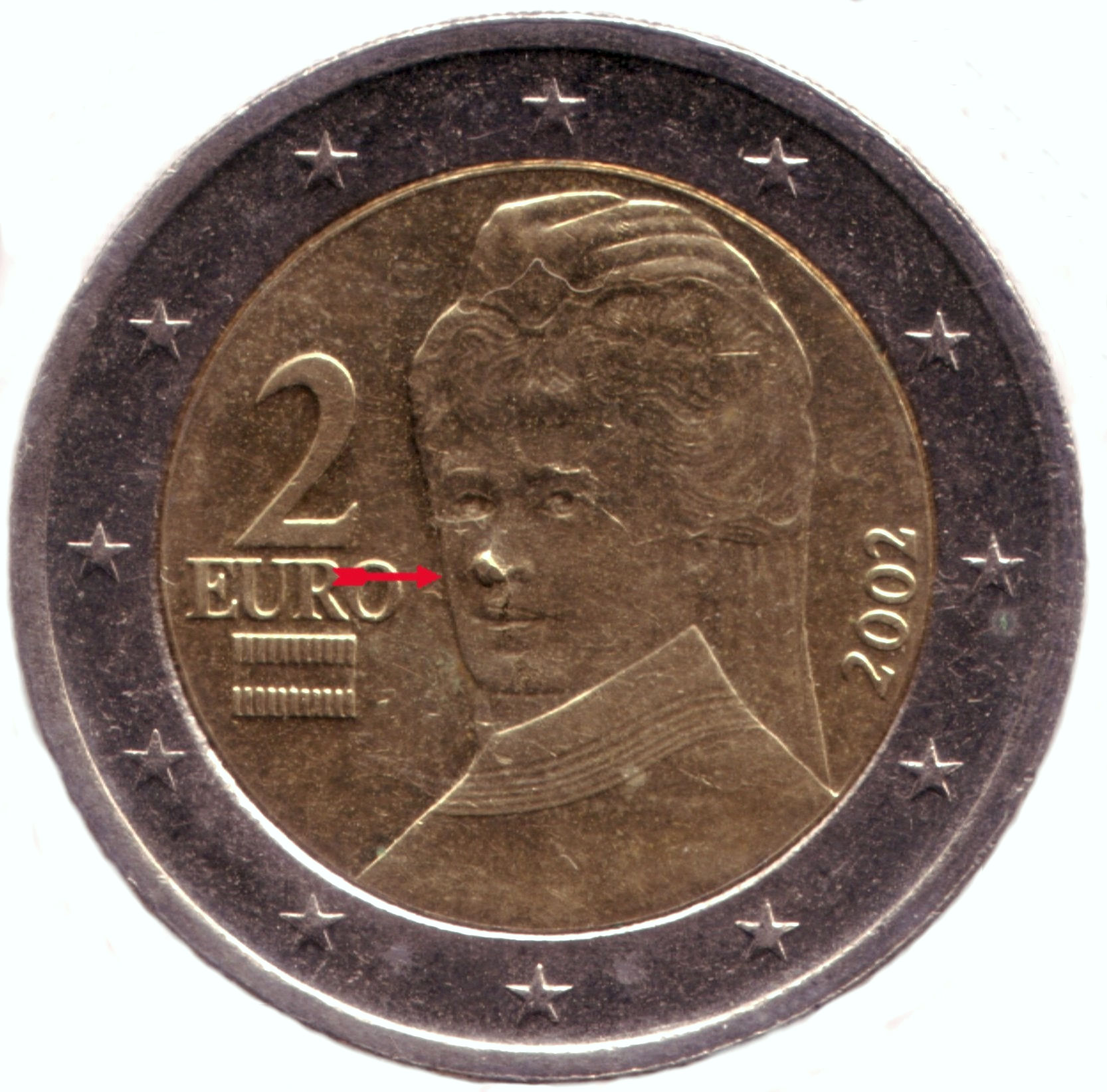 2-Euro aus Österreich mit der Fehlprägung aus Beispiel 3. Foto: Angela Graff