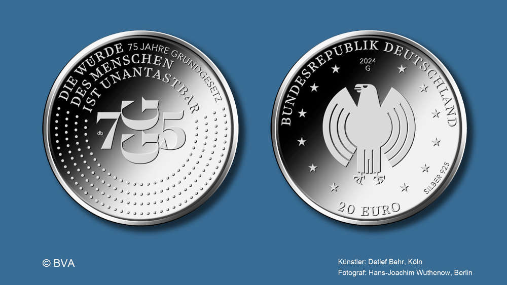 20 Euro-Sammlermünze „75 Jahre Grundgesetz“. Foto: BVA. Fotograf: Hans-Joachim Wuthenow, Berlin.