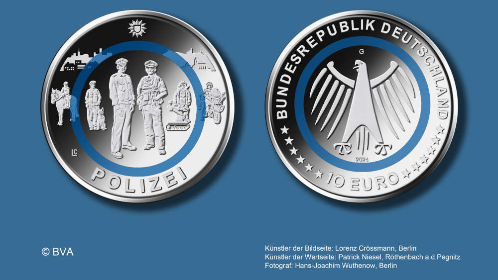 10-Euro-Sammlermünze „Polizei“ aus der Serie „Im Dienst der Gesellschaft“. Foto: BVA. Fotograf: Hans-Joachim Wuthenow, Berlin.