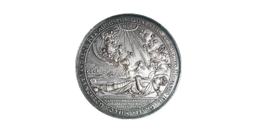 A 1634 silver medal, “Death of Gustav II Adolph” by Sebastian Dadler, struck in Dresden.