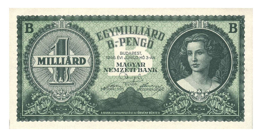 Egymillárd billió pengő hyperinflation note of June 3, 1946, having the equivalent of 21 zeros, which was never placed into circulation.