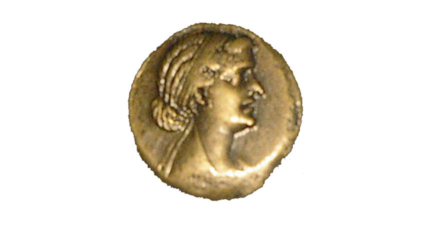 The best known example of a Cleopatra coin, the 80-drachma bronze coin minted in Alexandria, 51-30 BC.