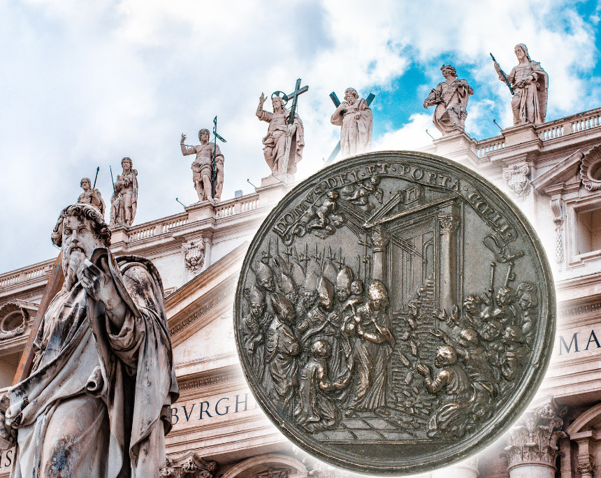 Los 1399: Clemens X. Medaille auf das Heilige Jahre von 1675 von Giovanni Martino Hamerani. Hintergrund: Edyttka1388 via Pixabay.