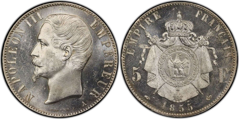 Frankreich. 5 Francs, 1855, Paris. FDC Proof. Lecoincollection. 4.000 EUR.