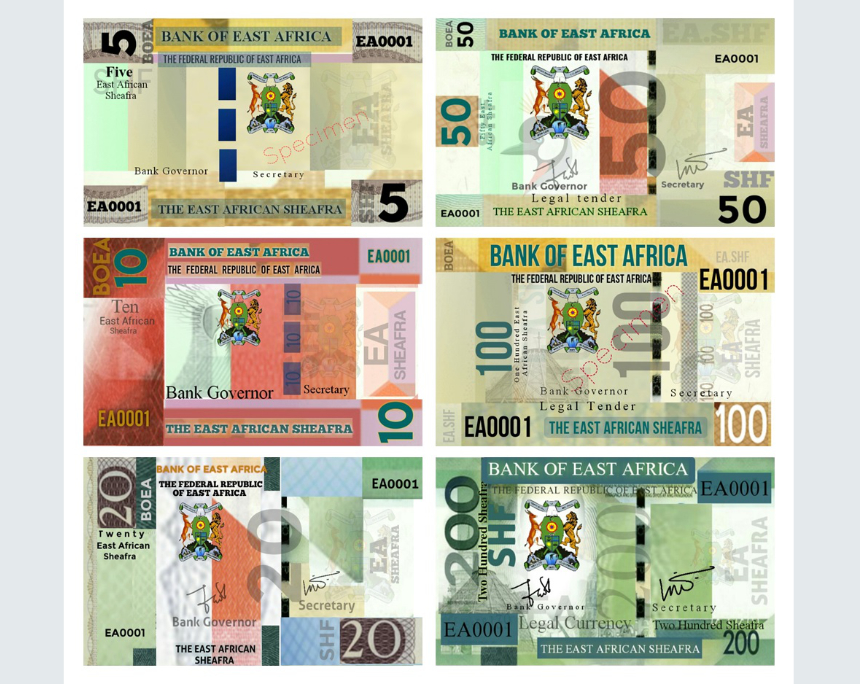 Diese Abbildungen angeblicher Geldscheine veröffentlichte der Account „Government of East Africa“ auf X. Es sind Fakes. Quelle: „Government of East Africa“ via X.