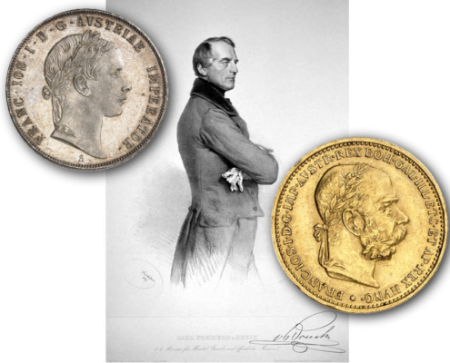 Karl Ludwig von Bruck, Vordenker des Wiener Münzvertrags – Wir bilden bewusst an dieser Stelle nicht Kaiser Franz Josef I. ab, der auf den Münzen zu sehen ist, sondern den liberalen Politiker Karl Ludwig von Bruck. Geboren als Sohn eines Buchbinders in Elberfeld (heute Wuppertal), arbeitete er sich als Kaufmann zum österreichischen Finanzminister empor. Man kann ihn geradezu als die Lichtgestalt der österreichischen Wirtschaftspolitik bezeichnend. Es war nicht nur für ihn tragisch, dass ihn Franz Josef im April 1860 auf Grund falscher Verdächtigungen „in ungnädiger Weise“ entließ. Der damals 61-jährige nahm sich daraufhin das Leben. Damit fehlte Österreich ein phantasievoller Politiker, der die wirtschaftliche Ausgrenzung durch Preußen vielleicht hätte verhindern können.