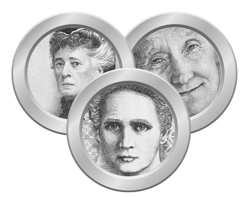 Berta von Suttner, Astrid Lindgren, Marie Curie – drei Frauen, die die Welt verändert haben, werden in den kommenden Jahren auf 20-Euro-Gedenkmünzen aus Deutschland gewürdigt. Collage: Canva.