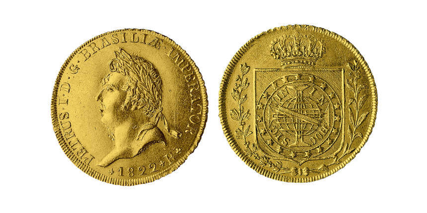 A gold 1822, 6,400 reis with the laureate bust of Pedro I, Rio mint. Only 64 pieces were struck as the coronation piece for Pedro I and 57 were melted down.