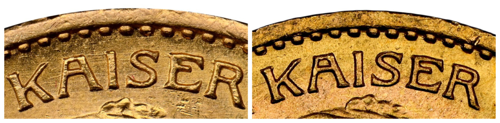 Nahaufnahme des Stempelbruchs auf der manipulierten Münze (links) und einer echten Münze von 1913 (rechts). Bild: NGC.