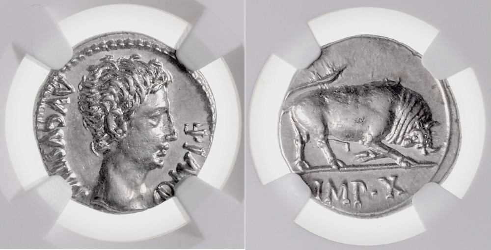 Römisches Reich. Augustus (27 v.-14 n. Chr.). Denar, 15-13 v.Chr., Lugdunum. NGC MS, Strike: 4/5, Surface: 4/5. Emporium Hamburg. 7.400 EUR.