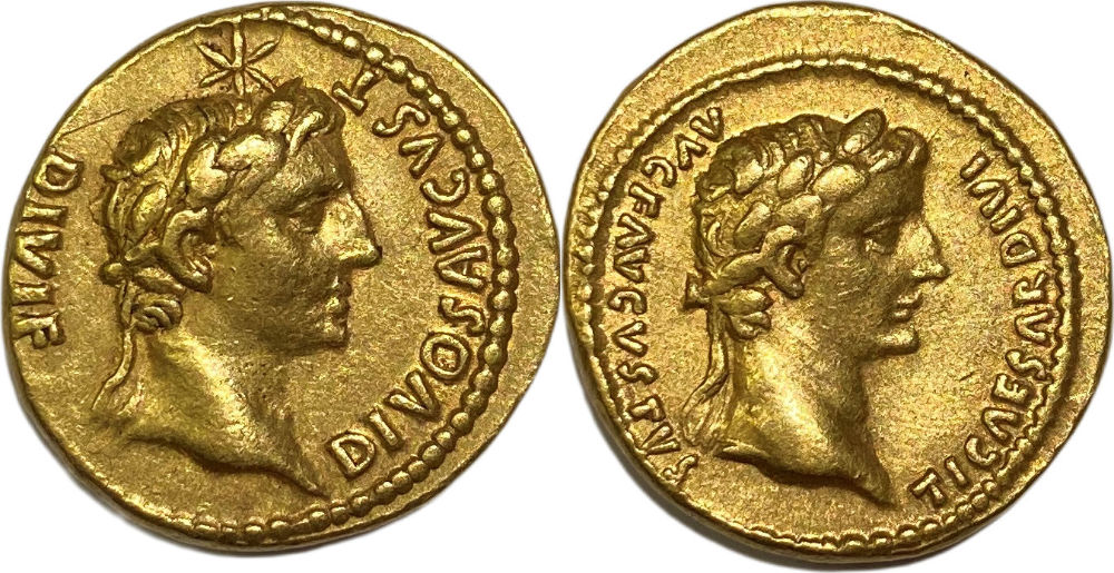 Römische Kaiserzeit. Tiberius und Augustus, Aureus, 14 n. Chr. Selten. Richelieu Numismatique. Verkaufspreis: 25.000 EUR.