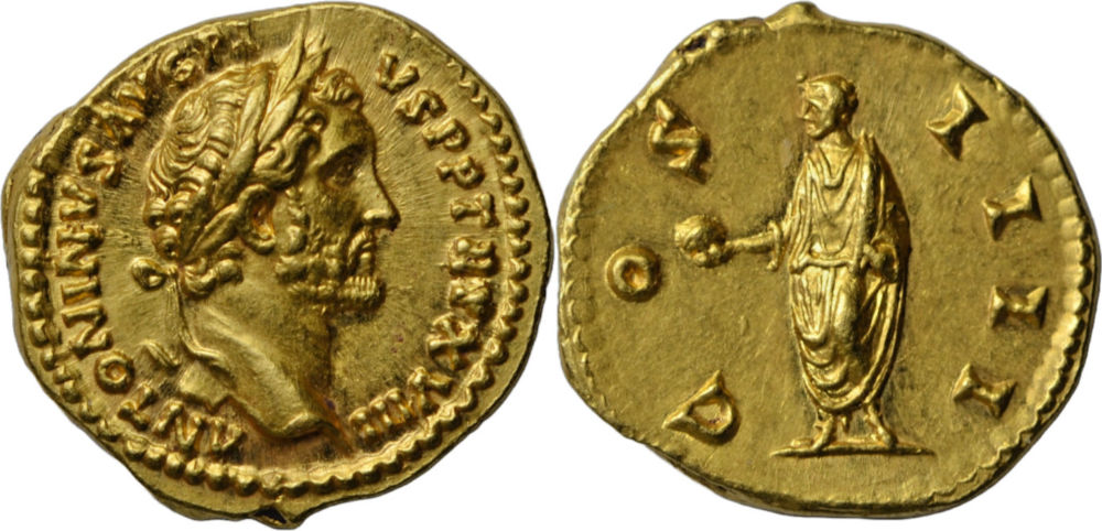 Römische Kaiserzeit. Antoninus Pius. Aureus, circa 154-5 n. Chr. Vorzüglich+. Bermondsey Coins Ltd. Verkaufspreis: ca. 11.700 EUR.